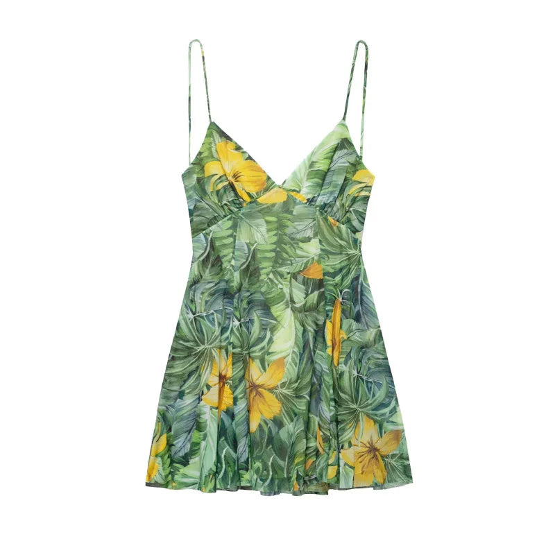 Women's vacation Style printed silk mesh sexy V-neck halter short Dress Hot Girl Dress