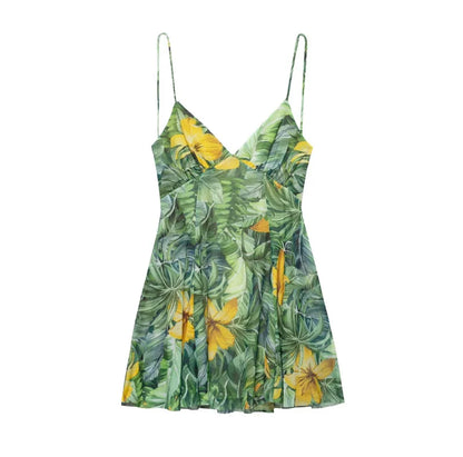 Women's vacation Style printed silk mesh sexy V-neck halter short Dress Hot Girl Dress