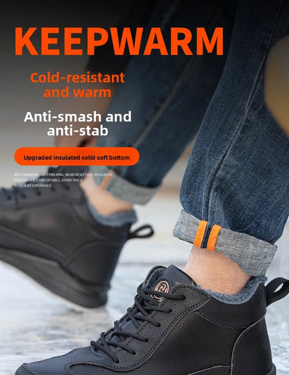 Plush Labor Protection Shoes for Winter Work Shoes Men's Anti Smashing Anti Piercing Microfiber Leather Work Cotton Safety Shoes