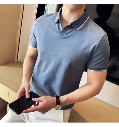 Business Casual Solid Color Men's Polo Shirt, 2024 Summer Classic, Men Short Sleeve V-neck T-shirt, Slim Fit Spliced Polo 4XL-M