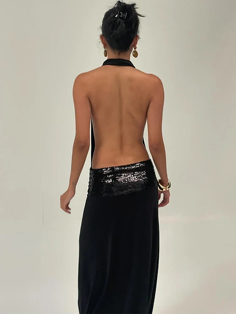 Backless Fashion Dresses Elegant Halter Patchwork Draped Maxi Bodycon Female Solid Simple Evening Party Frock New