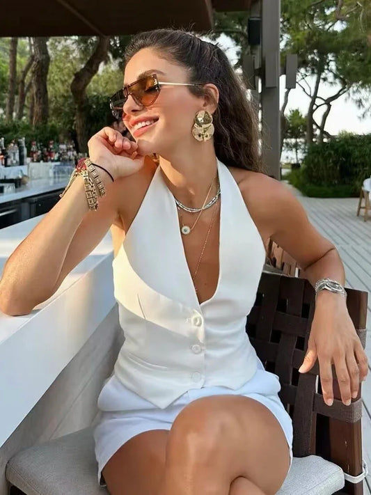 2025 Women New Style Blouse Summer Hot Sell Women's Vest Fashion Sexy Hanging Neck Polyester Fiber Vest Buckle Ribbon Style