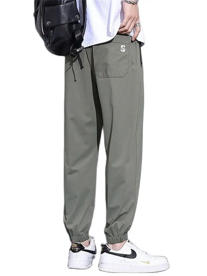 New Ice Silk Pants Men's Fashion Brand Loose Leg Tie Sports Quick Drie 2023 Summer Thin Breathable Cropped Casual Pants