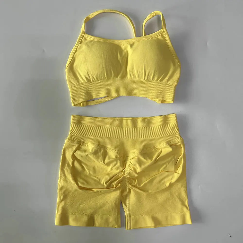 No Logo Women 2 Pieces Yoga Set Cross Straps Bra Beautiful Back Tops High Waist Sport Short Scrunch Bum Workout Short Gym Suit