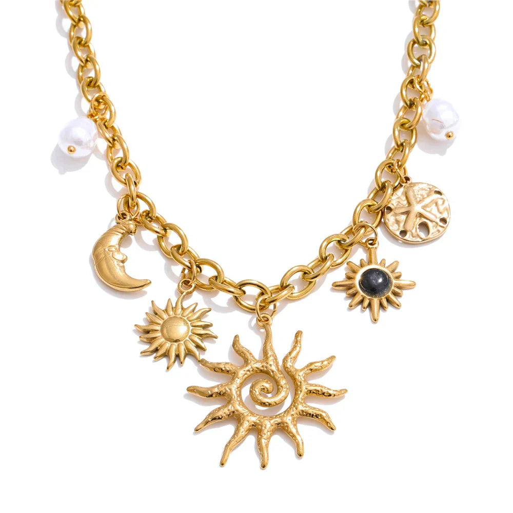 Trendy Starfish Moon Sun Shaped Pendant Charm Necklace Statement Stainless Steel Golden Chain Fashion Jewelry PVD Plated