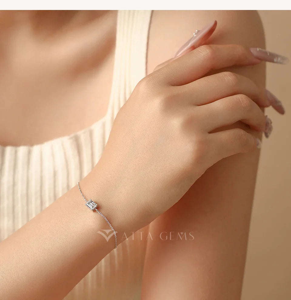 Emerald Cut 1ct Moissanite Bracelet s925 silver 18k gold Adjustable Cross-linked Chain Stackable Everyday Women Jewelry