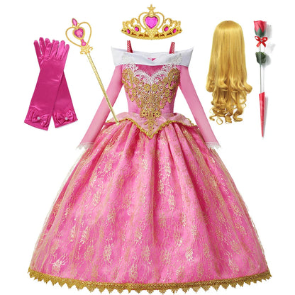 Girls Princess Dress Sleeping Beauty Aurora Cosplay Costume 2025 Kids Carnival Birthday Party Pink  Long Sleeve  Evening Dresses