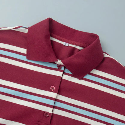 Autumn Casual Stripes Contrast Long-sleeved T-shirt Women Button Lapel Polo Shirt Tshirts New Streetwear Retro Chic Tops 2025