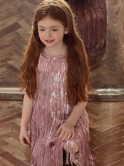 Vestido Infantil Meninas 2025 Verão Novo Moda Infantil Vestido de Borla Brilhante de Luxo Vestido de Aniversário para Meninas