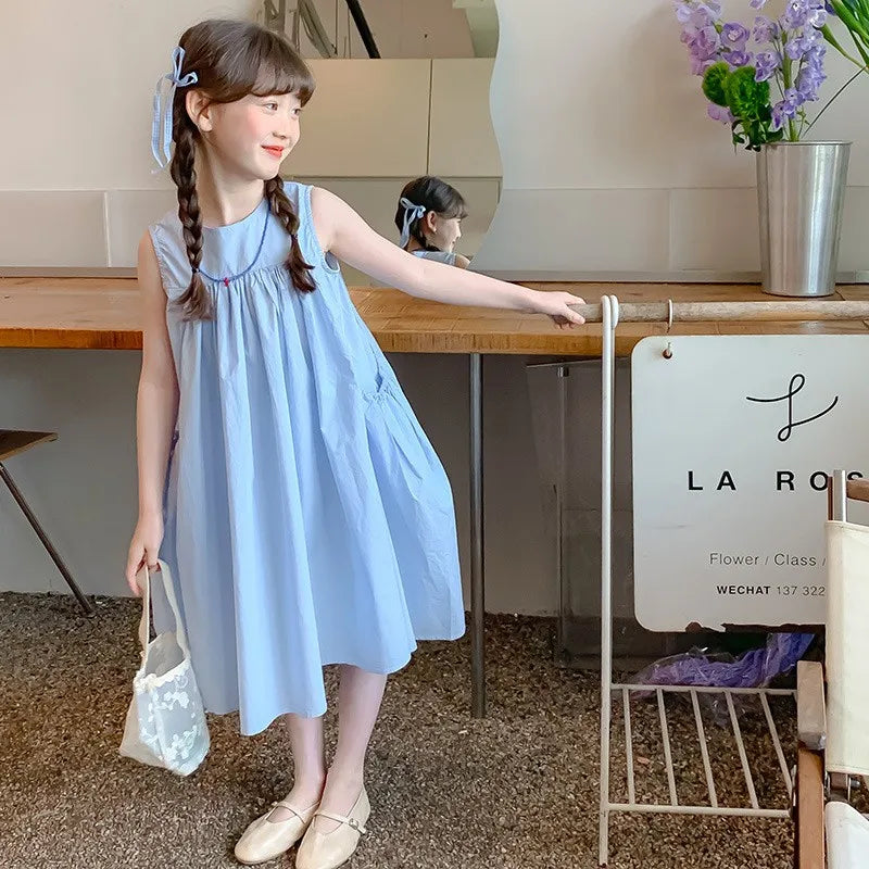 Summer Junior Girl Sleeveless Dress Solid Side Big Pockets Blue Ruched Dress For 2-10Y Girls Casual Round Collar Baby Girl Dress