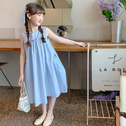 Summer Junior Girl Sleeveless Dress Solid Side Big Pockets Blue Ruched Dress For 2-10Y Girls Casual Round Collar Baby Girl Dress