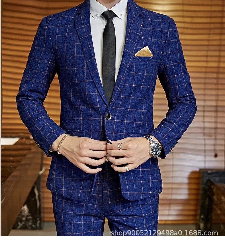 Men's Slim Fit Plaid Wedding Suit Jacket Korean Style Business Casual Single-breasted Suit with Set Wedding Groomsmen Wear