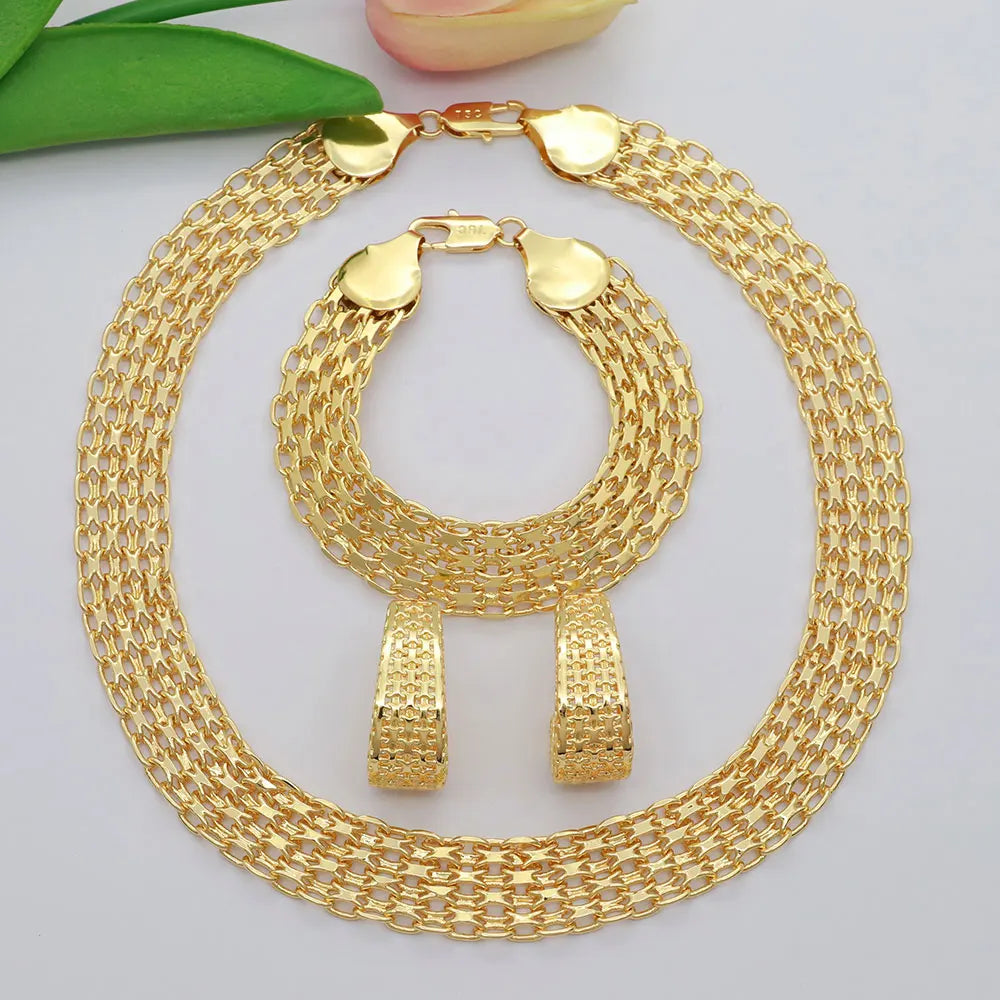 High Grade African Jewelry Women Necklace Bracelet Moderate Size Copper Earring Neck Chain 45CM Hip Hop Wholesale Accessories