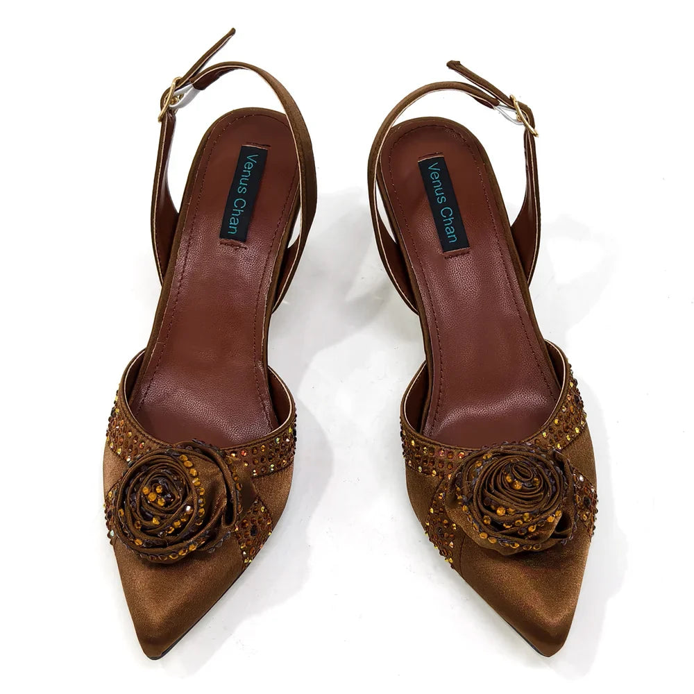 Elegant Rhinestone-Embellished Brown Heeled Shoes and Handbag Set for Women with Floral Decoration – Perfect Small Size Fashion