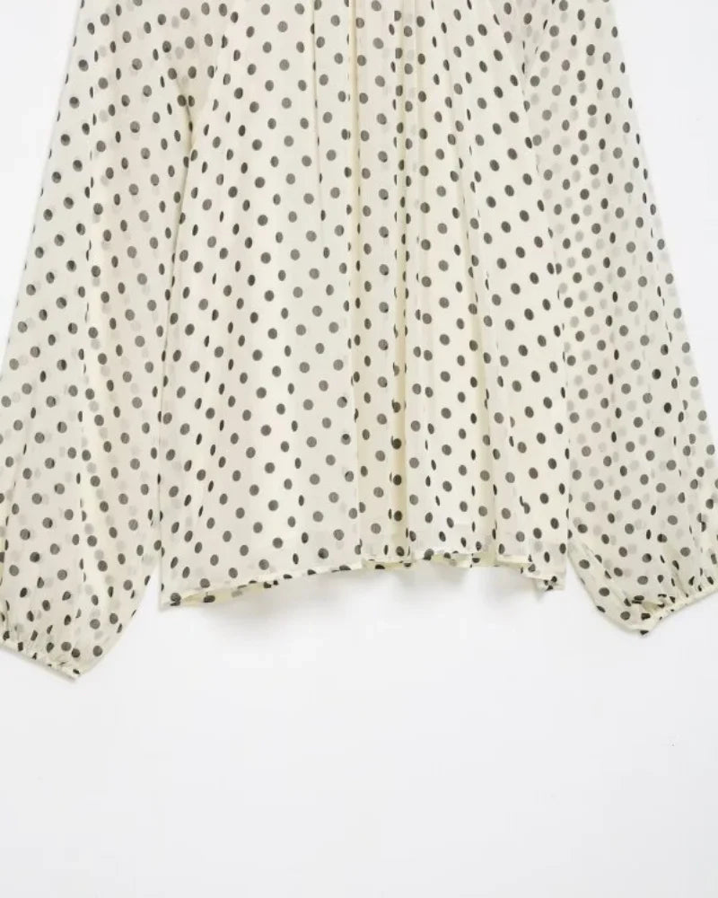 Elegant Women Polka Dot Blouse, Spring Bow Tie Lantern Sleeve Layered Neck Chiffon Shirt, Casual Daily Office Top