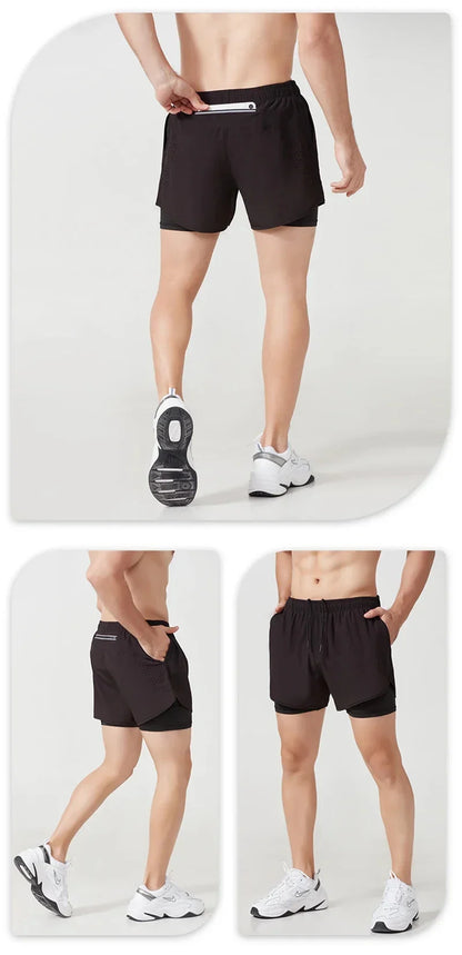 Men Fitness Built-in pocket sports Shorts Summer 2 In 1 Quick Dry Gym Beach shorts Running Double-deck Shorts Outdoor sweatpants