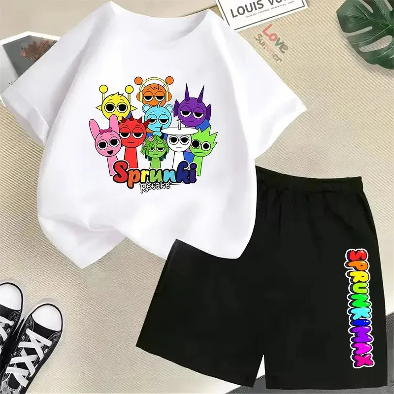 Set of 2 Pieces of T-Shirt and Shorts Sprunki for Kids, Anime Design, Pants Suit for Boys and Girls, Kawaii Summer Outfits