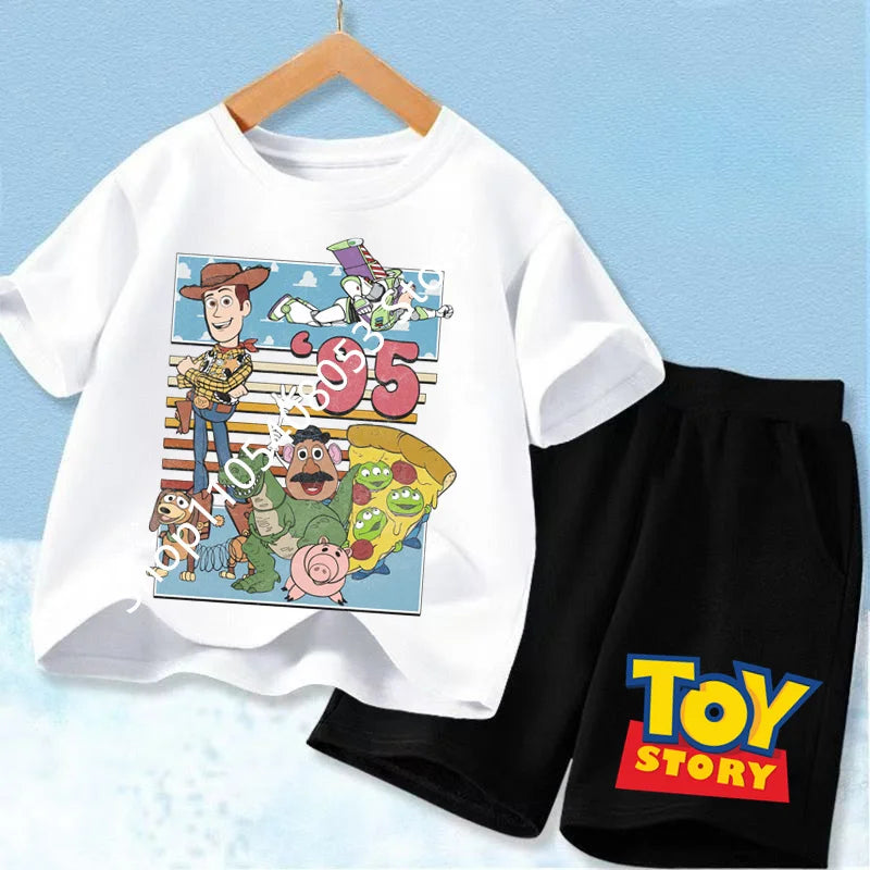 2026 Cute Toy Story Birthday Boy T-Shirt Set, Adorable Woody and Buzz Lightyear Design for Kids' Birthday Outfits
