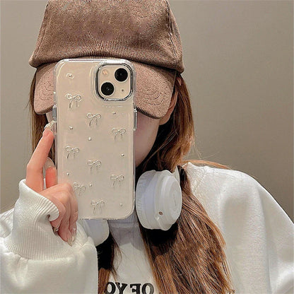 INS Korea Glitter 3D Silver Bow Beads Phone Case For iPhone 16 15 14 13 12 11 17 Pro Max 7 8 Plus X Epoxy Shell Girl Clear Cover