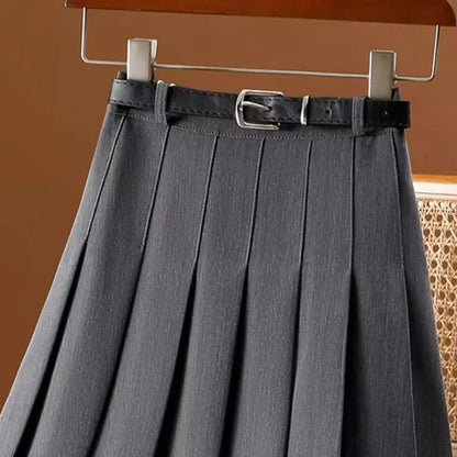 Gray Solid Folds Office Lady Casual High Waist A-line Loose Women's Skirt Mid-Calf Long Skirts For Women Clothing Fashion 2024