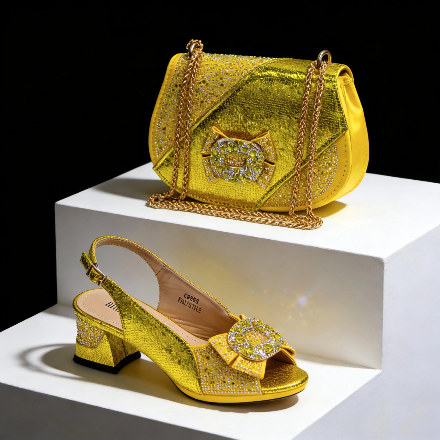 2026 Elegant Gold High Heel Shoe and Rhinestone-Accented Matching Bag Set - Stylish Peep Toe Design Perfect for Parties