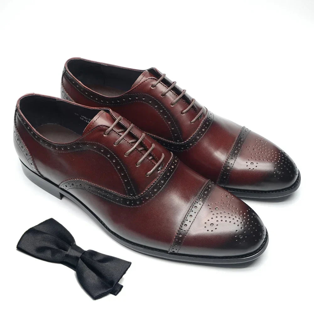 Luxury Italian Men's Wedding Dress Shoes Genuine Leather Cap Toe Lace-up Oxfords Lace-up Brogue Black Business Formal Shoes Man