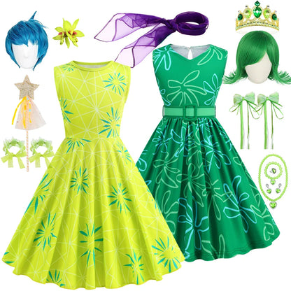 Inside Out Sadness Dress Girls Halloween Joy Cosplay Costume Children Cartoon Movie Role Play Print Frock Kid Fantasy Party Gown