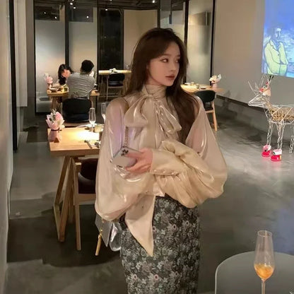 Women's Satin Blouses Stylish Big Bow Shirts 2023 Spring Autumn New Fashion Korean Edition Casual Puff Sleeve Female Solid Top