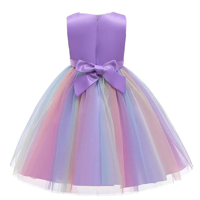 Vestido de princesa flor de lantejoulas para meninas 3-12 anos vestido de laço elegante colorido de renda de malha carnaval festa de aniversário apresentação