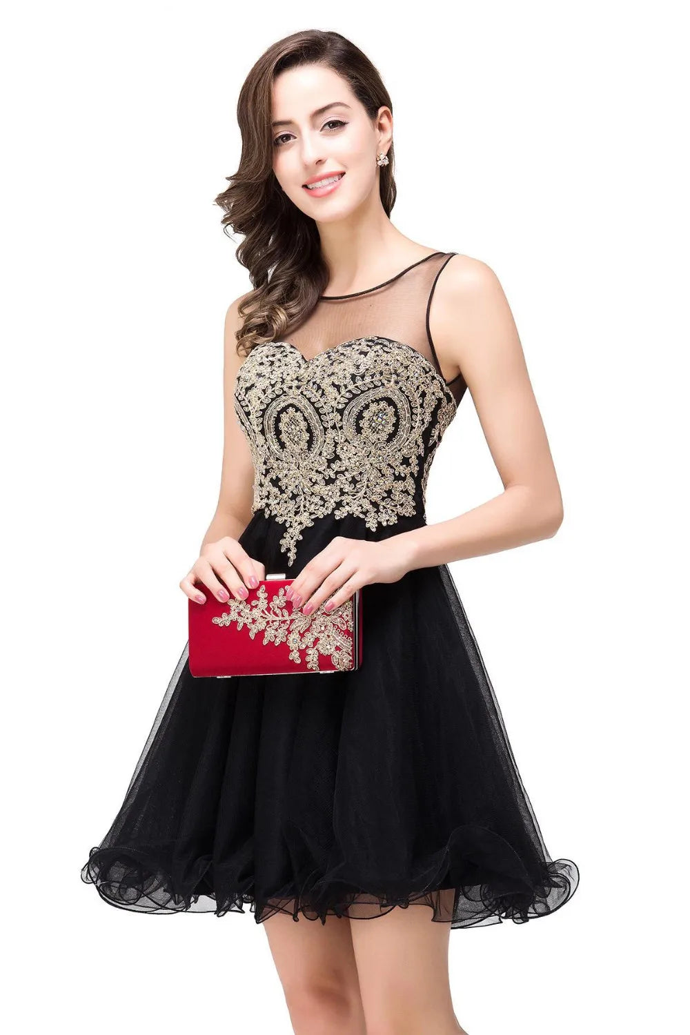 Vestidos Curtos Roxo de Baile com Apliques Dourados, Decote Ilusão A-Line, Mini Vestidos de Festa da Moda para Mulheres, Robe De Soirée