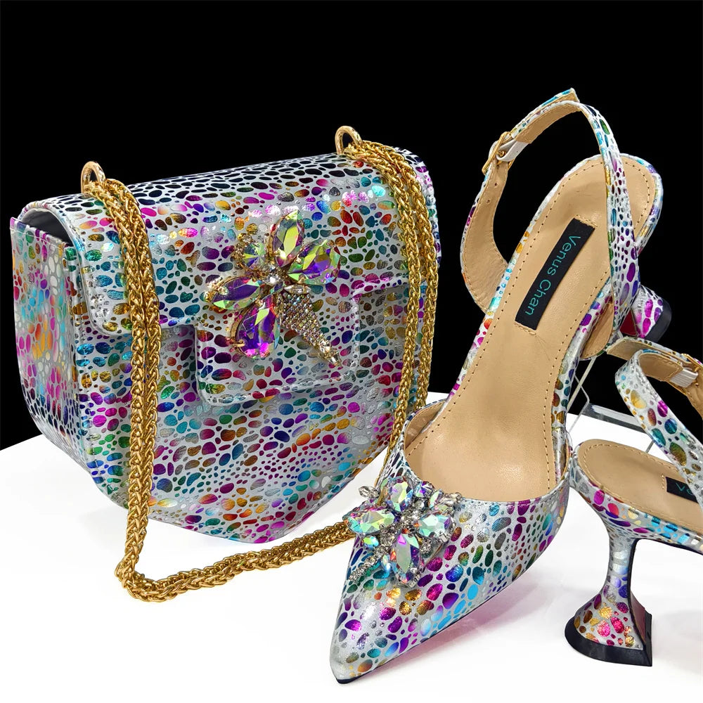 Italian Design Luxury Women's Shoes And Clutch Green Full Diamond Decoration Metal Closure Bag for Party