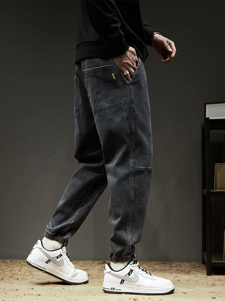 Calça Jeans Masculina Cargo Primavera Verão Levemente Elástica Algodão Denim Jogger Preta Azul Streetwear Folgada