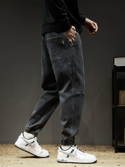 Calça Jeans Masculina Cargo Primavera Verão Levemente Elástica Algodão Denim Jogger Preta Azul Streetwear Folgada