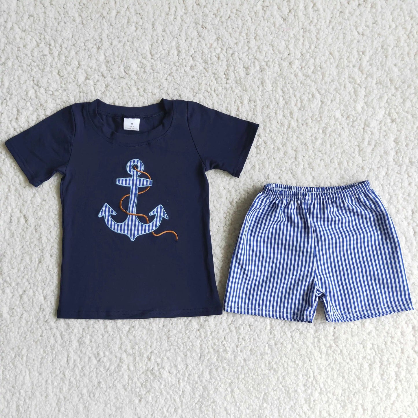 Wholesale Baby Boy Embroidery Clothing Short Sleeves Cotton T-shirt Plaid Shorts Children Kids Sets Outfit