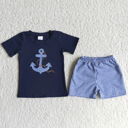 Wholesale Baby Boy Embroidery Clothing Short Sleeves Cotton T-shirt Plaid Shorts Children Kids Sets Outfit
