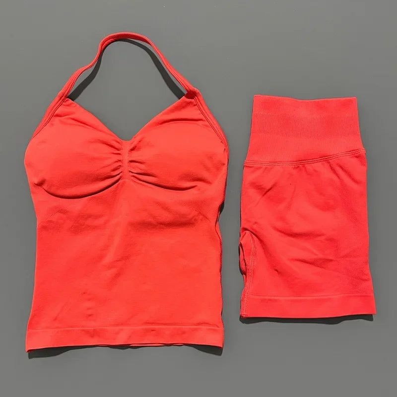 No Logo 2 Pies Sports Set Women Backless Tank Yoga Tops High Waist Scrunch Seamless Shorts Sport Gym Set Sportswear Workout Set