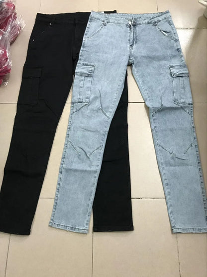 Stylish Tide Brand Men Cargo Narrow Leg Denim Pants Elastic Slim Fit Jeans Solid Color Multi Pockets Casual Skinny Male Trousers