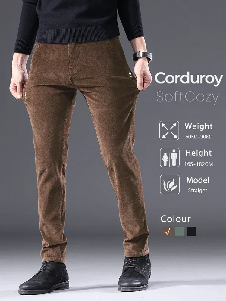 Men's Corduroy Slim Casual Pants 2024 Autumn New Coffee Fashion Stretch Straight Trousers Solid Color Male Clothes