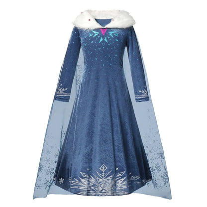 Blue Snowflake Princess Dress Winter Long Sleeve Fur Collar Snow Queen Costume Dress Girl Elsa New Year Christmas Party Clothes