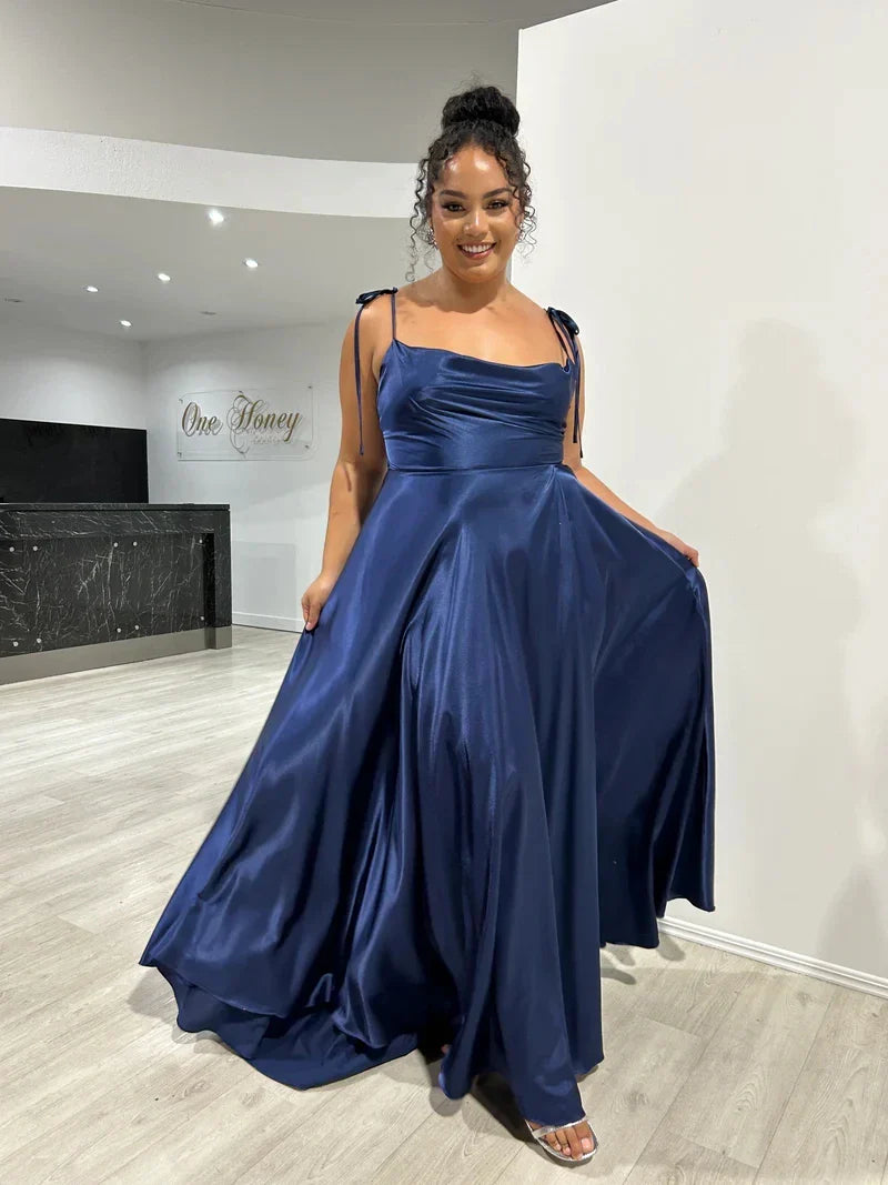 Ladies Navy Blue A-line Long Satin Evening Dresses For Women 2024 Spaghetti Straps Sexy Slit Cocktail Prom Party Gown Gala Dress