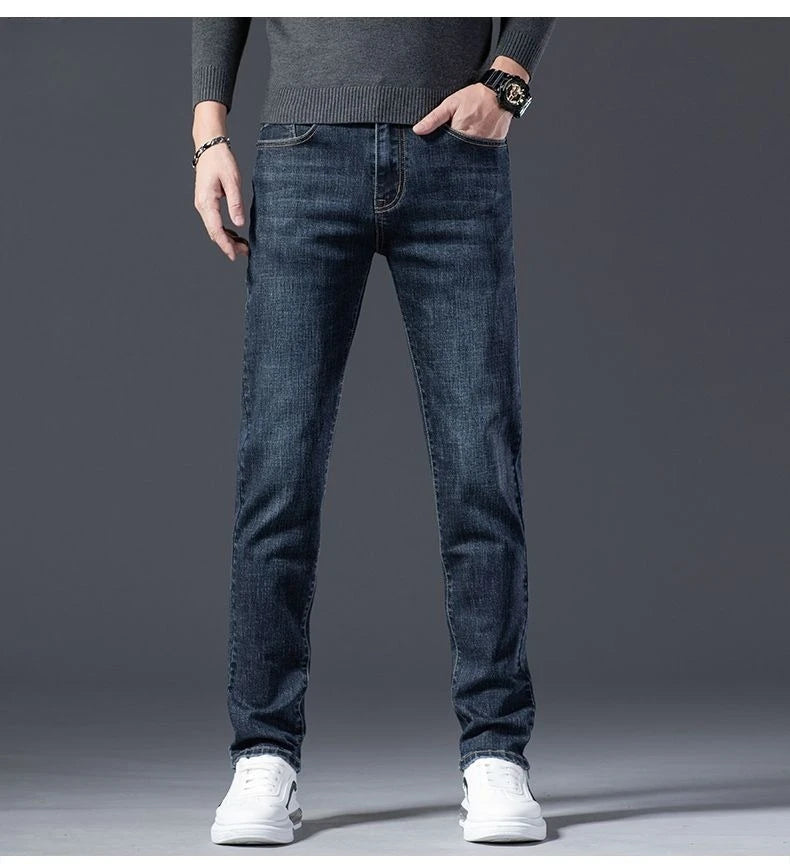 Autumn Winter High Quality Elastic Mens Jeans Cargo Slim Fit Denim Pencil Trousers Midweight Long PantsHighHigh  Jeans Man