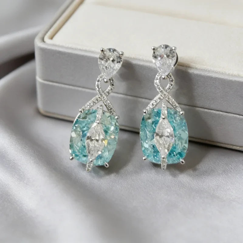 925 Sterling Silver Gold Plated Synthetic Gemstone Light Blue Paraiba Shiny Earrings for Ladies