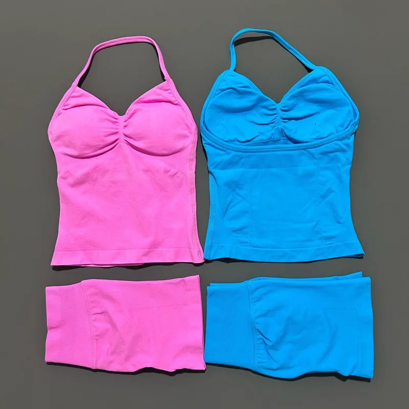 No Logo 2 Pies Sports Set Women Backless Tank Yoga Tops High Waist Scrunch Seamless Shorts Sport Gym Set Sportswear Workout Set