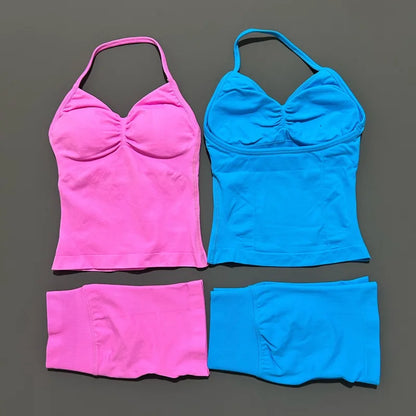 No Logo 2 Pies Sports Set Women Backless Tank Yoga Tops High Waist Scrunch Seamless Shorts Sport Gym Set Sportswear Workout Set