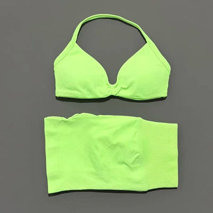 No Logo 2 Piece Impacts Gym Set Women Seamless Yoga Strappy Bra Workout Scrunch Sports Low Waist Shorts Sport Set