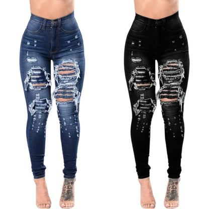 Calça Jeans Feminina Outono Cintura Alta Rasgada Skinny