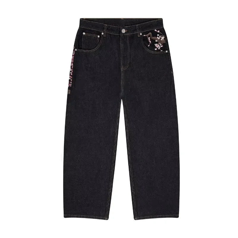Y2K Harajuku jeans Goth vintage plum blossom embroidery pattern wide leg pants men women denim fabric American style street wear
