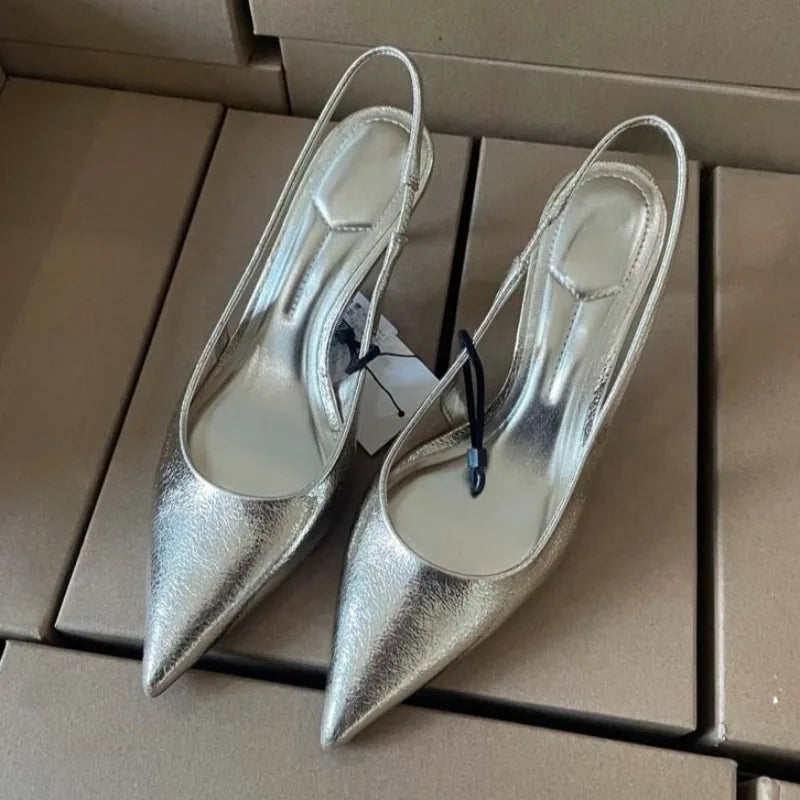 Sapatos femininos de salto alto para escritório e carreira Bico fino sexy Design conciso Dourado brilhante para festa à noite Scarpin slingback