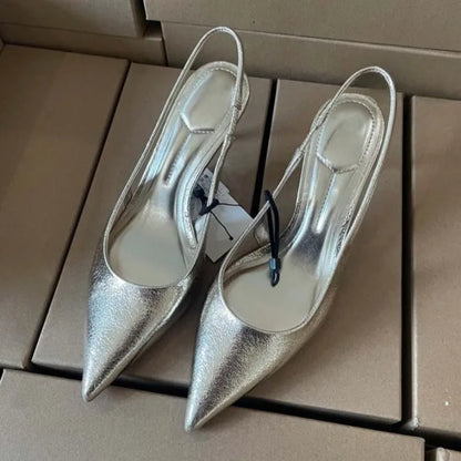 Sapatos femininos de salto alto para escritório e carreira Bico fino sexy Design conciso Dourado brilhante para festa à noite Scarpin slingback