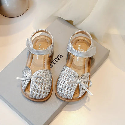 Girls Princess Shoes Weave Breathable Kids Beach Shoes with Simple Bows 2025 Summer New Children Sandals Soild Color Non-slip